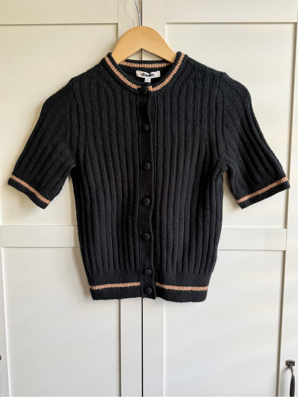 Madewell Short Puff-Sleeve Cardigan in Dark Navy Tan Stripe Size XS